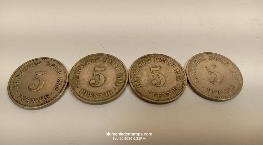Lot of 4 Germany Empire 5 Pfennig Coins 1911 1912 1914 Copper-Nickel